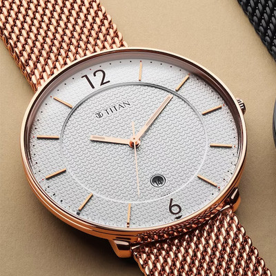 Men Rose Gold-Toned Brass Dial & Stainless Steel Bracelet Style Straps Analogue Watch