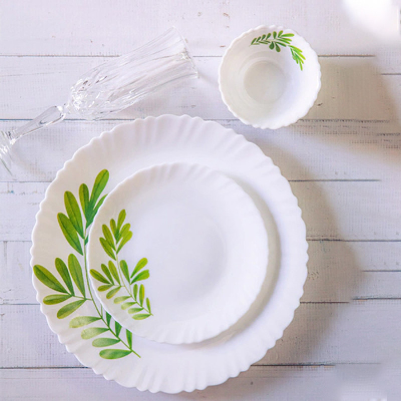 White & Green 31 Pieces Floral Printed Opalware Glossy Dinner Set